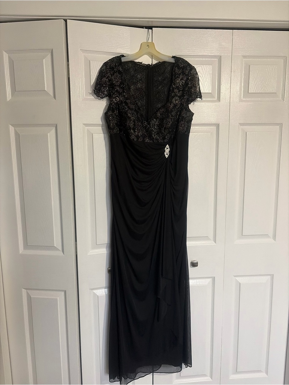 David's Bridal Black Cap Sleeve Lace Bodice Dress With Drape Front